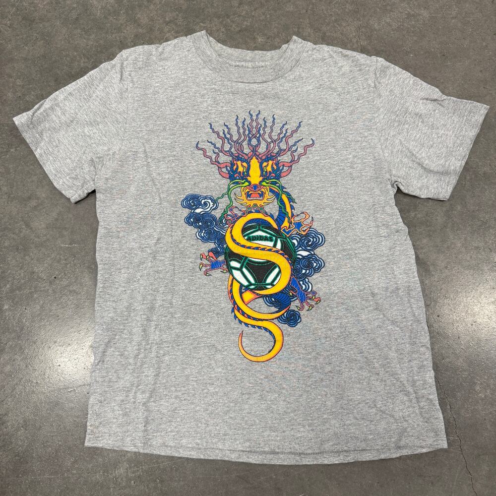 Vintage Y2K Adidas Dragon Grey Soccer Graphic Flames Athletic Tee Women's M